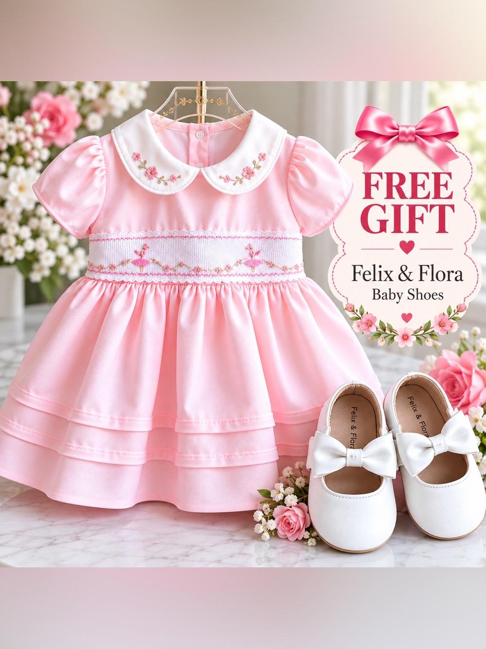💖 Pretty Originals Baby Girl Pink Smocked Dress 12M + FREE Felix & Flora Shoes
